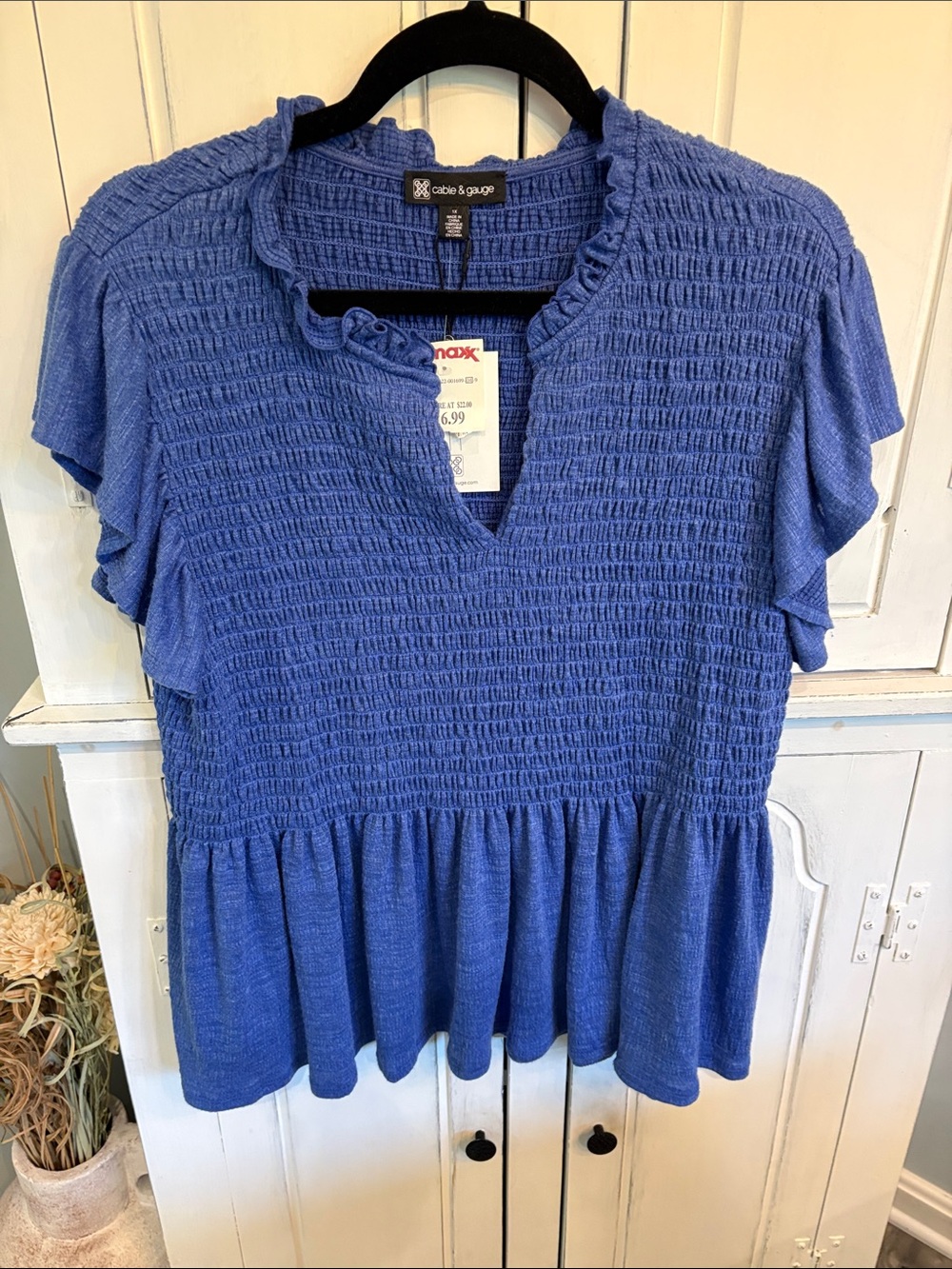 Cable & Gauge Royal Blue Smocked Peplum Top with Ruffle Neckline